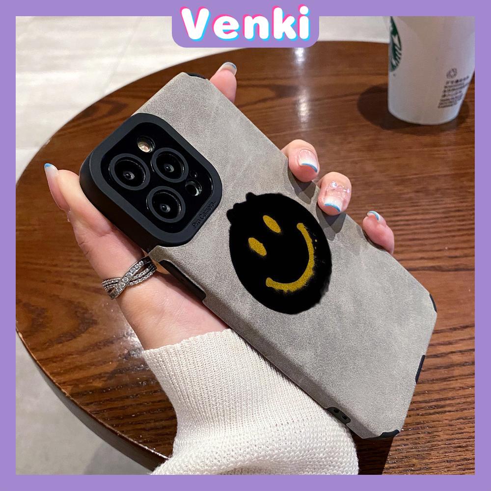 VENKI - Untuk iPhone 11 Case Leather Pupil Suede Cover Soft Shockproof Cover Camera Simple Yellow Smile Kompatibel dengan iPhone 14 13 Pro max 12 Pro max xr xs 7Plus 8Plus