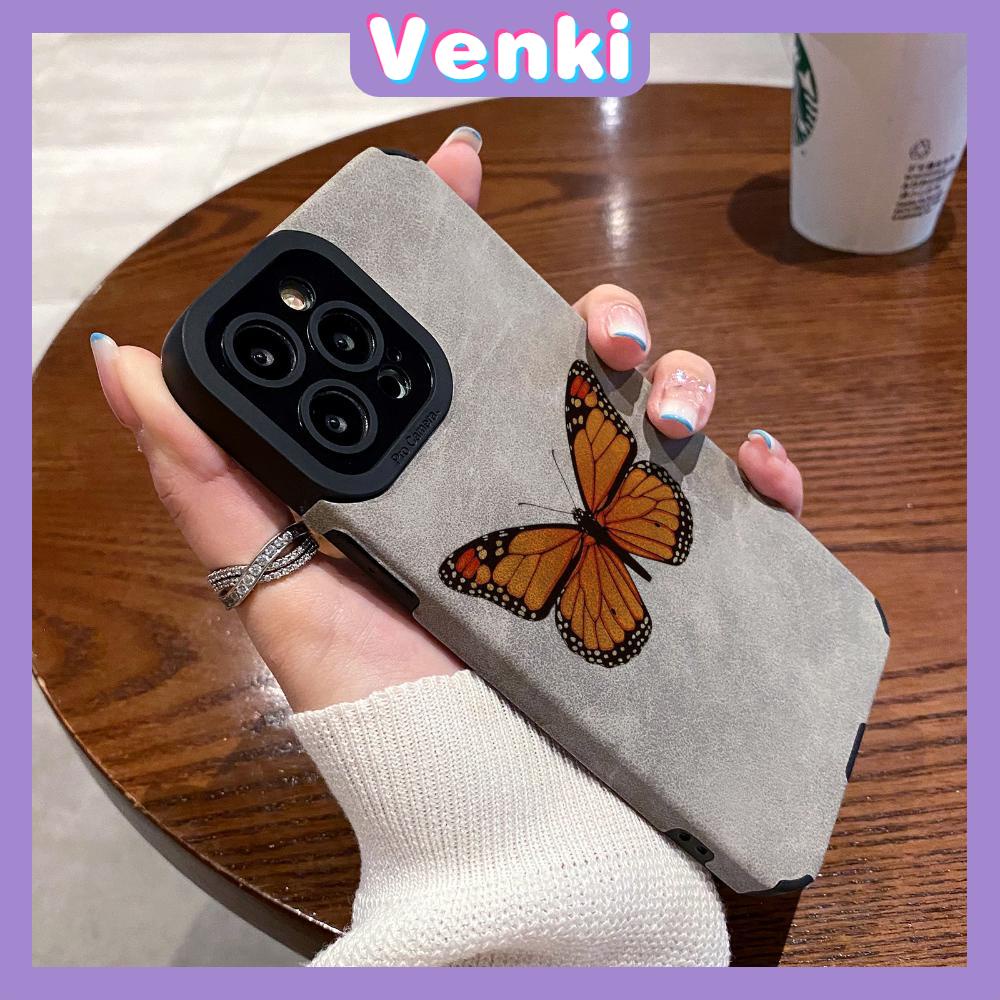 VENKI - Untuk iPhone 11 Case Leather Pupil Suede Cover Soft Shockproof Case Camera Simple Yellow Butterfly Kompatibel dengan iPhone 14 13 Pro max 12 Pro max xr xs 7Plus 8Plus