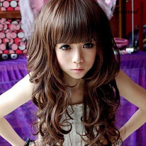 Twowood Woman Girl Fashion Panjang Keriting Bergelombang Cosplay Penuh Pesta Wig Rambut Dengan Topi Wig