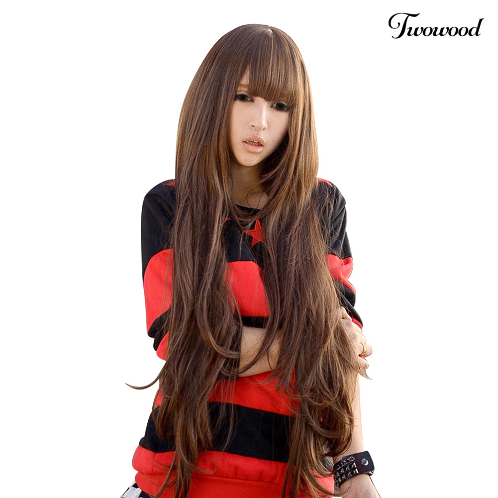 Twowood Wanita 80cm Fashion Panjang Keriting Bergelombang Gaya Cosplay Wig Rambut Penuh Dengan Poni Rapi