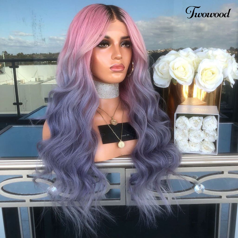 Twowood Gradient Color Curly Wig Panjang Rambut Palsu Wanita Cosplay Sopak