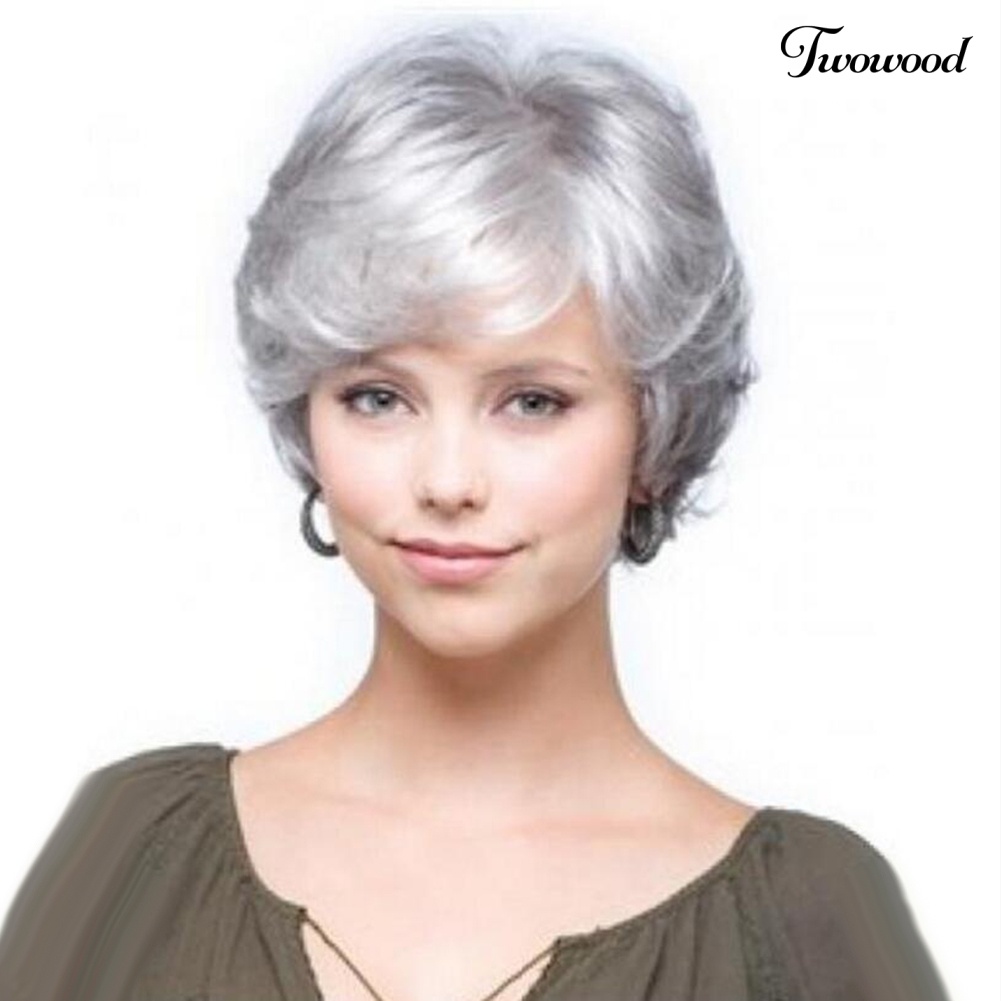 Twowood Wanita Fashion Nenek Abu Pendek Keriting Wig Berbulu Matte Sintetis Sopak