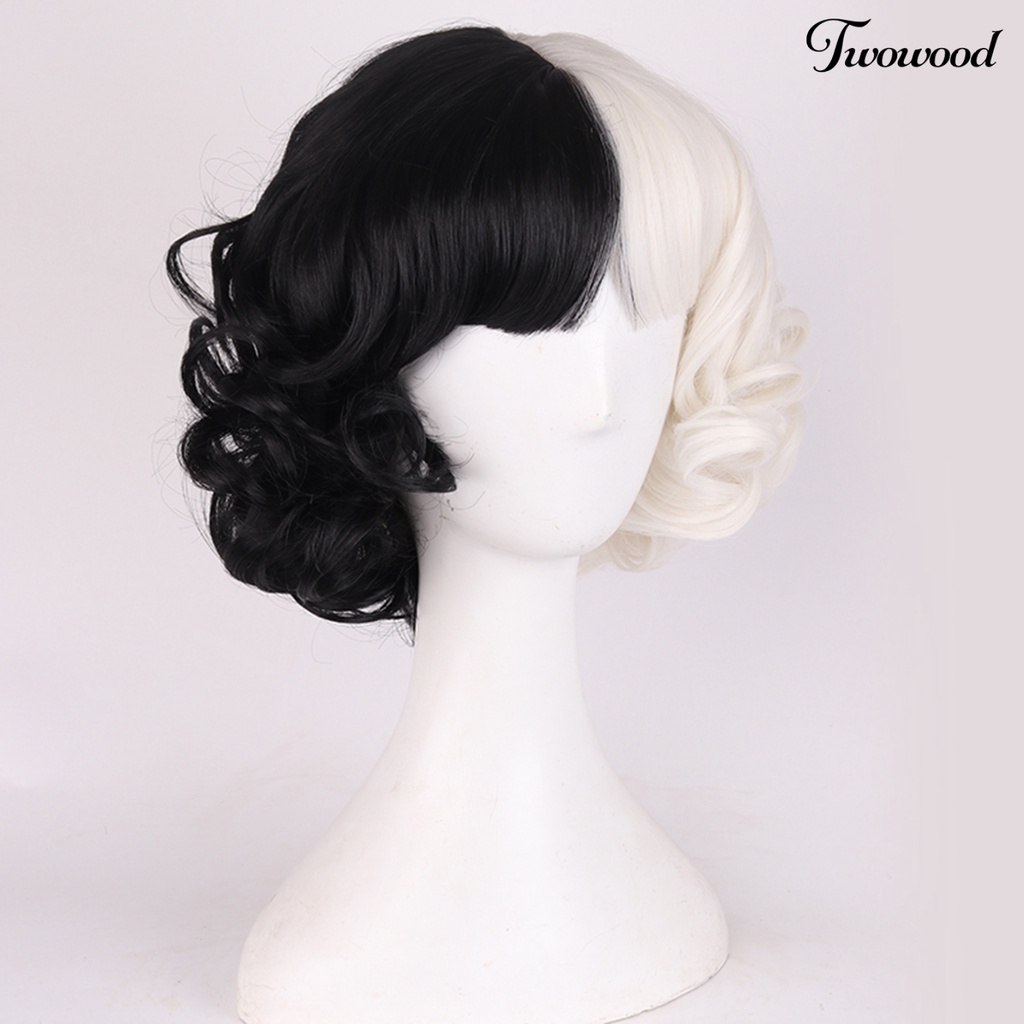 Twowood Cruella Wig Vivid Styles Wavy Skin-Friendly Deville Cosplay Wig Curly Half White Black Wig Untuk Perempuan