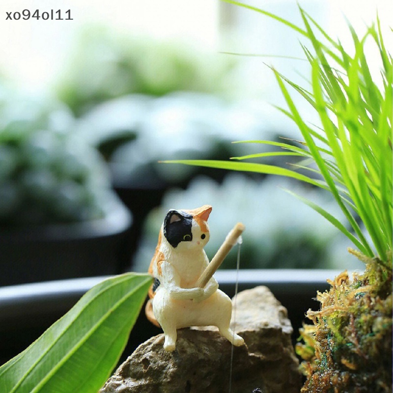 Xo Ornamen Kucing Pancing Dekorasi Aquarium Lansekap Ikan Patung Kucing Kartun OL