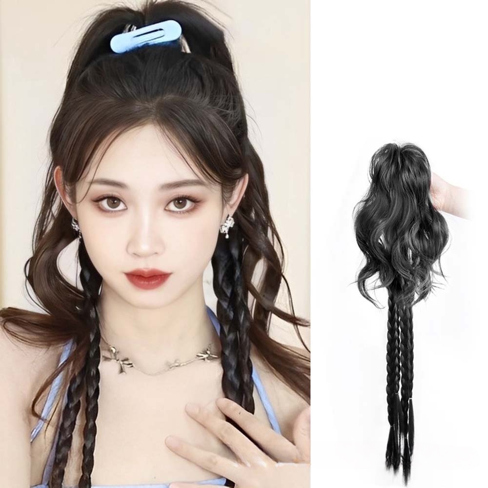 Y2k Gaya Princess Keren Rambut Panjang Lurus Bergelombang Ponytail Tinggi Dengan Kepang Wig Hair Extension Untuk Aksesoris Rambut Wanita 30cm