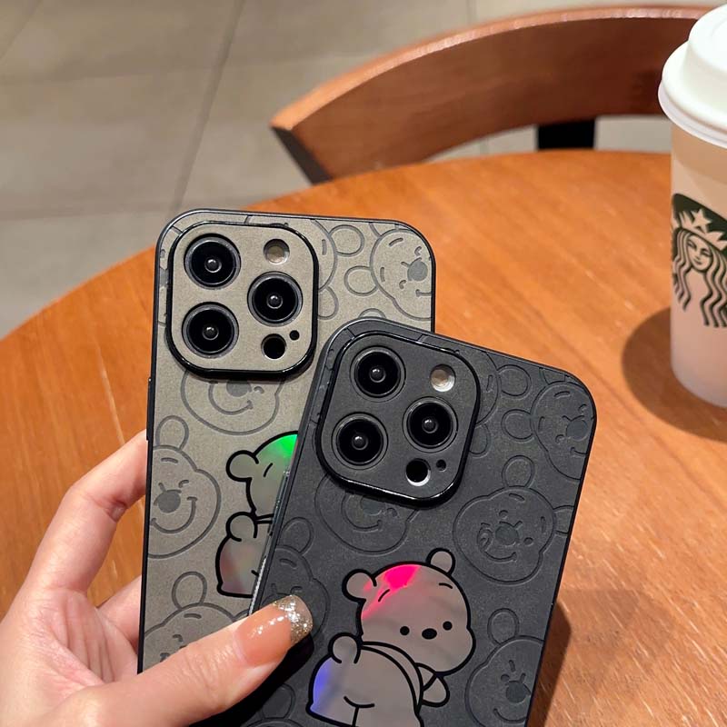 IPHONE Cover Tahan Guncangan Winnie the Pooh Bahan Kulit Mewah Untuk Iphone11 12 13 14 Pro max X XS XR XSMAX 78 14 plus Penutup Casing Bumper Laser Soft Case