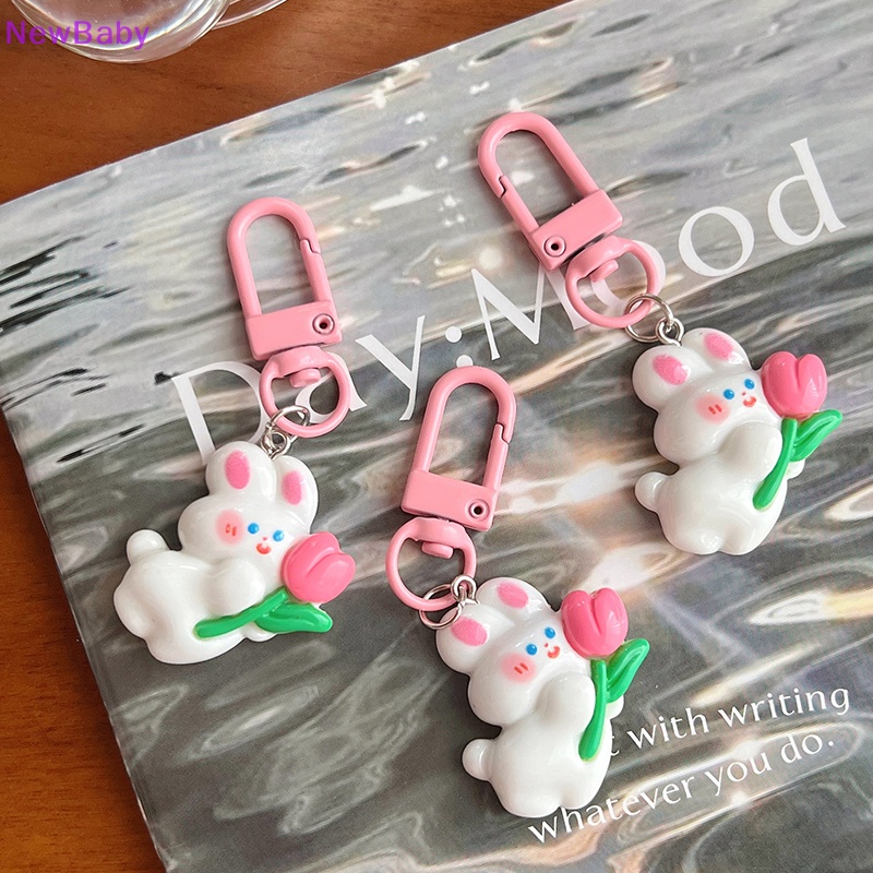 Newbaby Lucu Mini Tulip Rabbit Gantungan Kunci Lovely Pink Bunny Doll Key Chain Untuk Wanita Gadis Anak Tas Earphone Kotak Hiasan Keyring Pendant ID