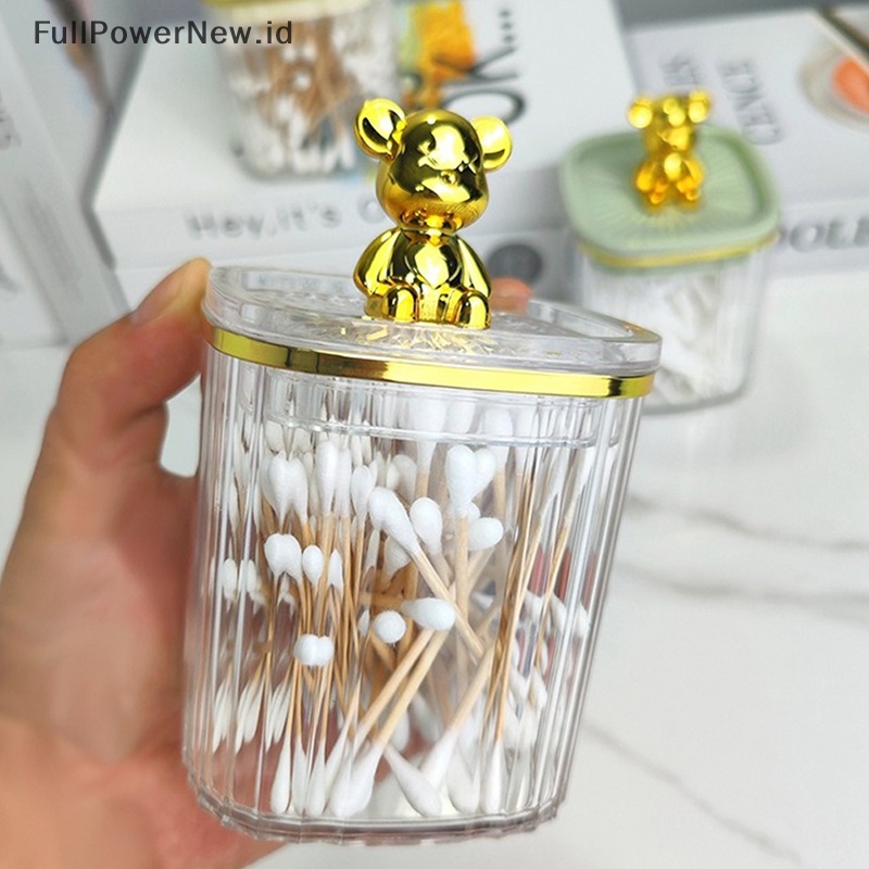 Power Cute Bear Clear Cotton Pad Dan Ear Bud Holder Toples Penyimpanan Kosmetik Akrilik ID