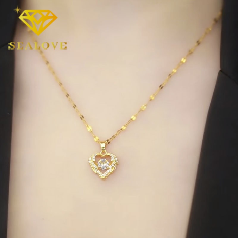 Kalung Titanium Wanita Hati Berlian Emas 18K Anti Karat Aesthetic Mewah Korea Fashion Aksesoris Perhiasan