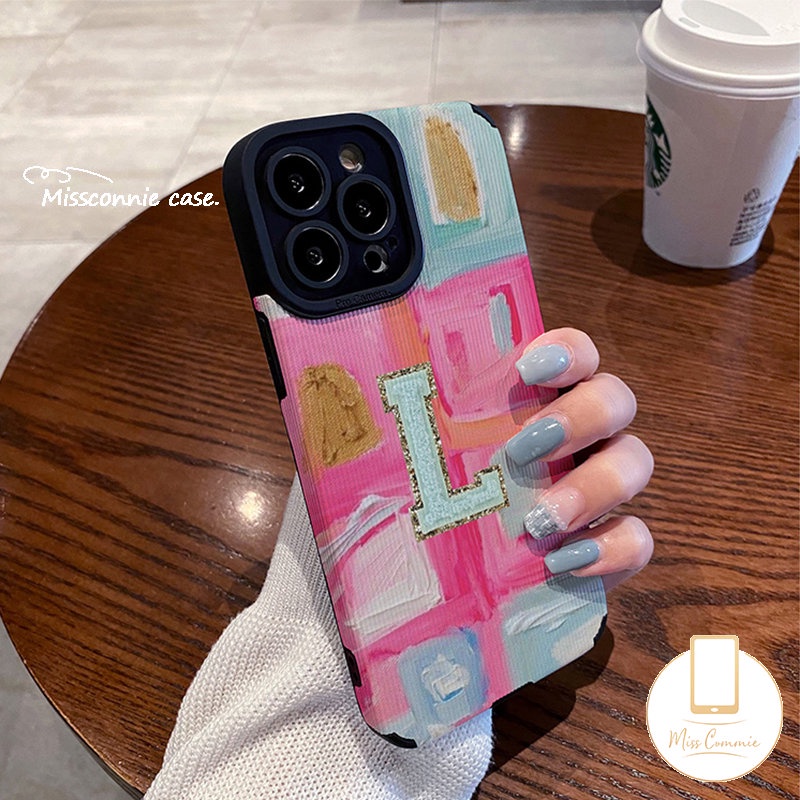 IPHONE Kreatif Graffiti Lukisan Minyak Huruf Inggris L Phone Case Kompatibel Untuk Iphone11 13 12 14 Pro MAX 11 7 8 Plus XR X XS MAX 7Plus Shockproof Leather Texture Cover