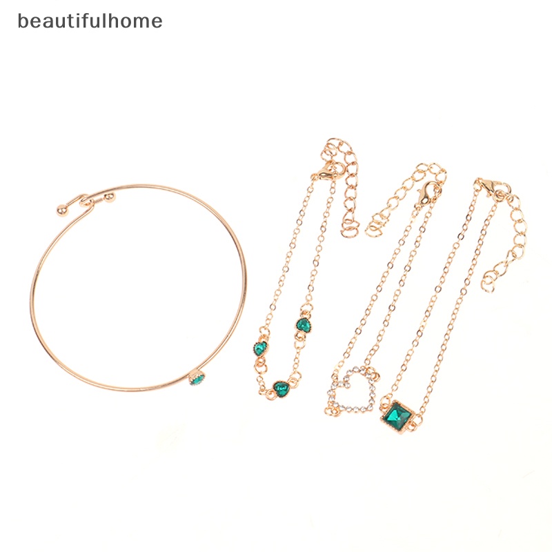 {beautifulhome} 4pcs/set Bertatahkan Batu Permata Hijau Gelang Set Perhiasan Untuk Wanita Gadis Jantung Gelang Pernikahan Pertunangan Gelang Fashion Pesta Perhiasan Hadiah.