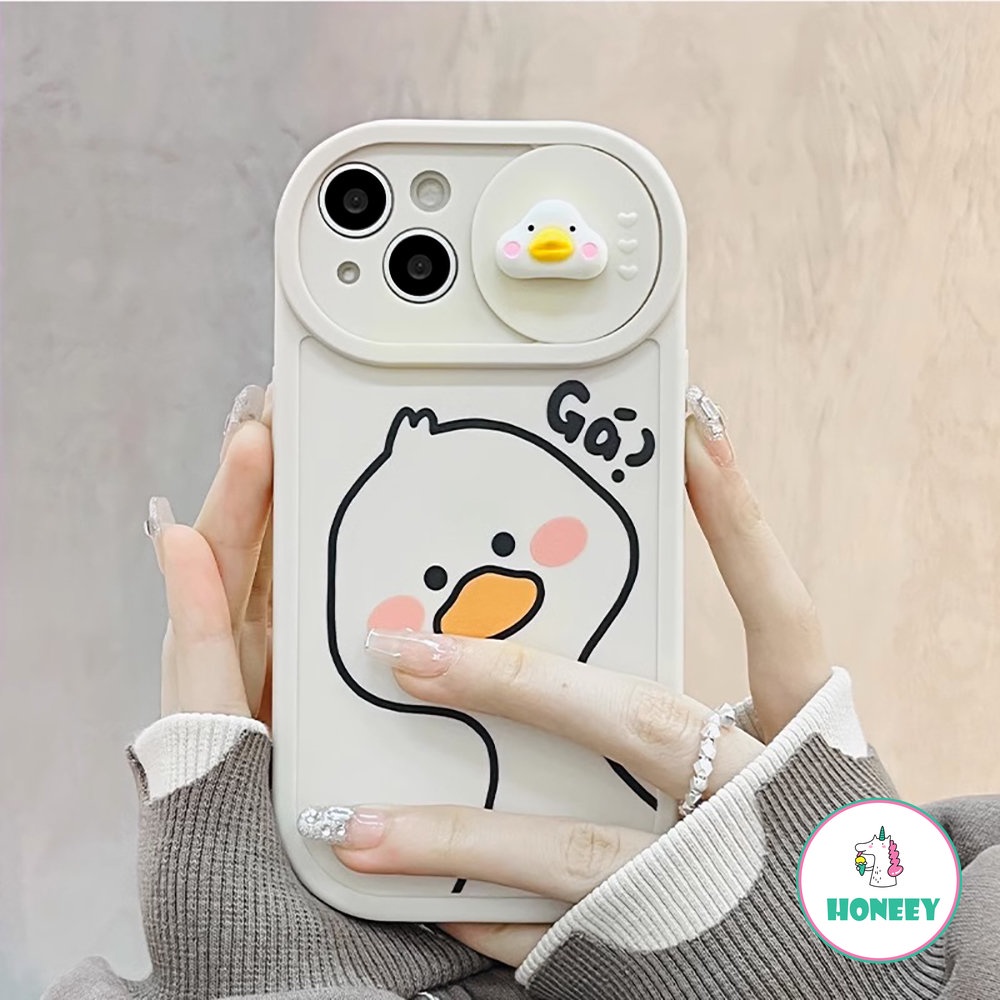 IPHONE Korea 3D Kartun Jendela Geser Pelindung Lensa Ponsel Case Untuk Iphone14 13 12 11 Pro Max X XR Bebek Lucu Silikon Lembut Shockproof Soft Cover