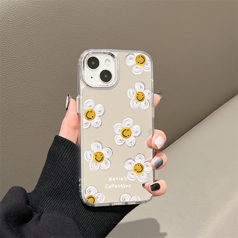 IPHONE Tulis Emoji Flower Mirror Phone Case Kompatibel Untuk Iphone11 12 13 14 12Pro 13Pro 14Pro Pro Max XR X XS Max Electroplating Tombol Perlindungan Mirror Cover