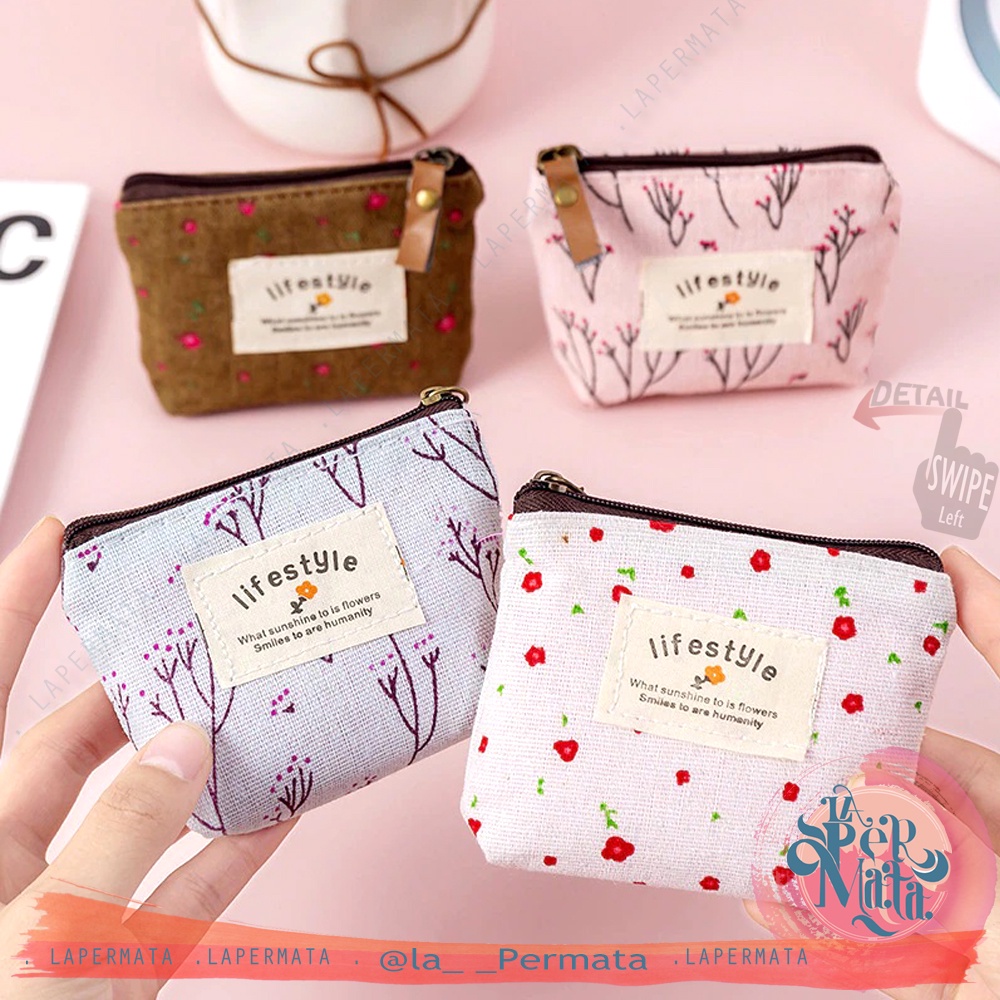 Pouch Dompet Koin Resleting LIFESTYLE KANVAS Serbaguna Motif Bunga - LPM Shop