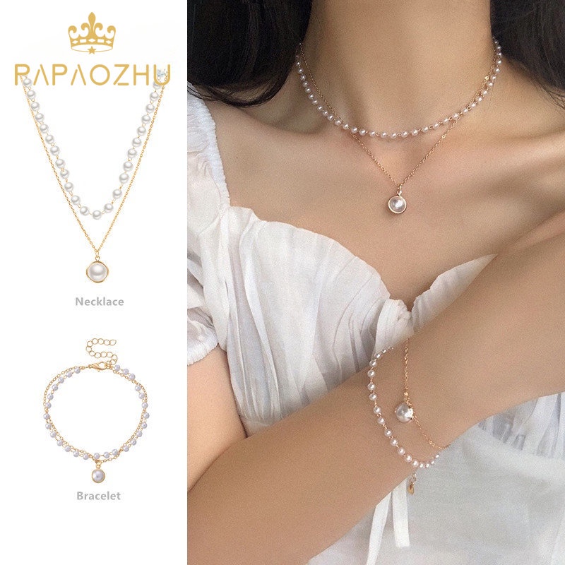 Papaozhu Klasik Double Layer Mutiara Manik-Manik Kalung Gelang Set Perhiasan Untuk Wanita Vintage Mutiara Klavikula Rantai Kalung Perhiasan Aksesoris