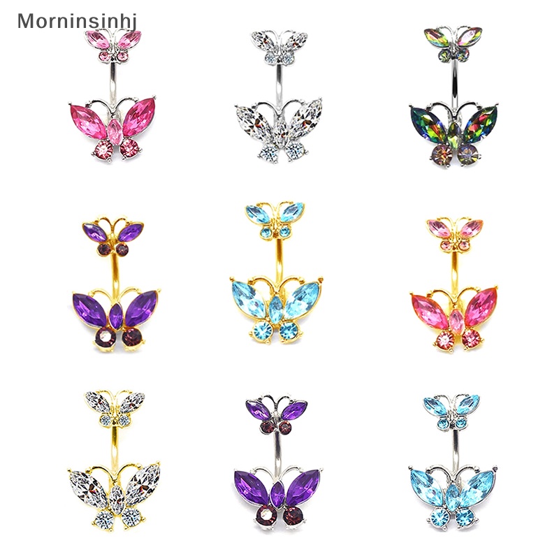 Mornin Shiny Double Butterfly Glass Belly Button Ring Tren Indah Pusar Cincin Belly Ring Pusar Perhiasan Pusar Hadiah id