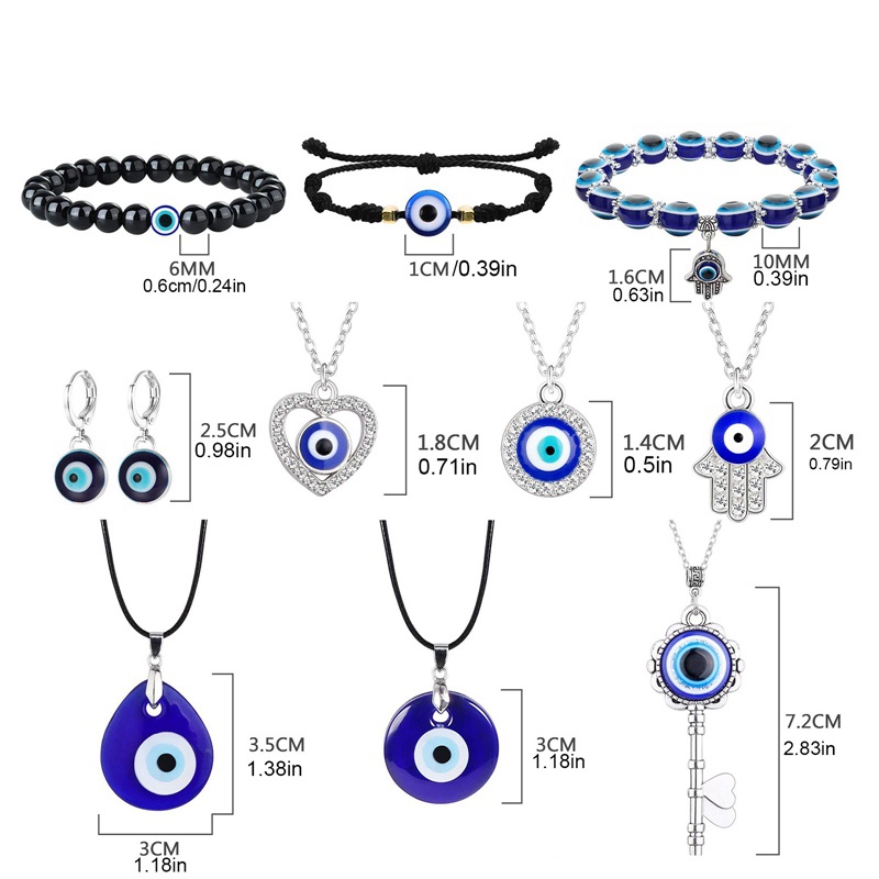 11pcs Evil Eye Kalung Liontin Untuk Wanita Pria Tali Kulit Anting Perlindungan Gelang Set Perhiasan