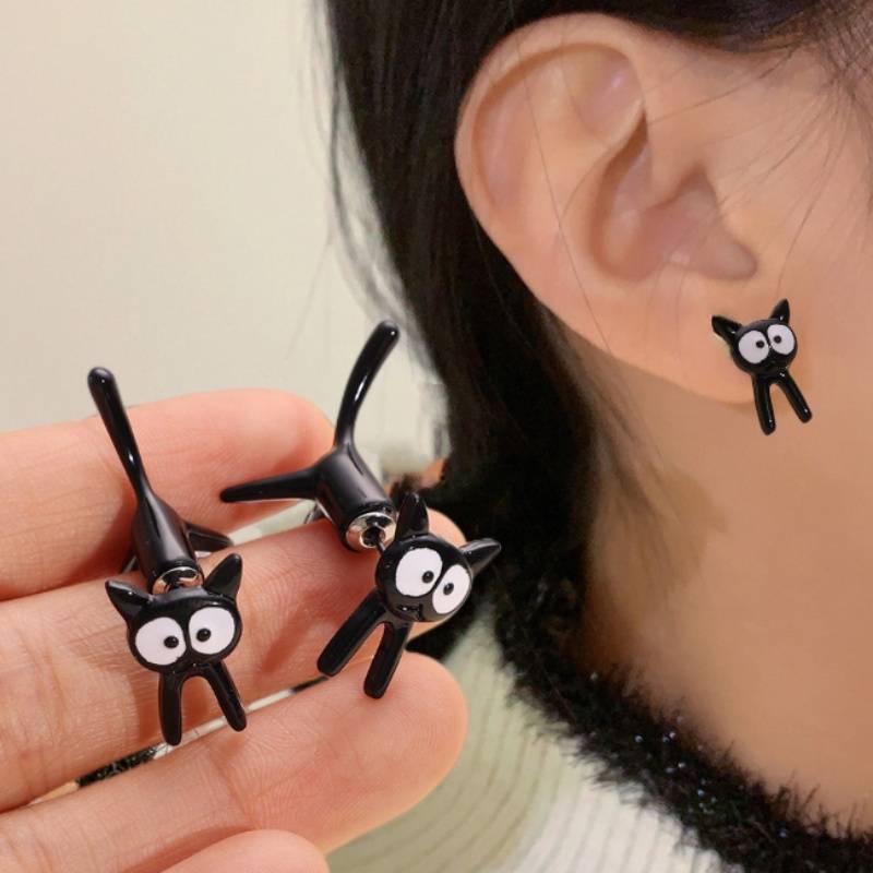 Anting Pejantan Kucing Hitam Lucu Kreatif/Perhiasan Anting Kucing 3D Untuk Gadis/Korean INS Simple Style Studs Earrings/Fashion Trend Pesta Aksesoris Anting Minimalis