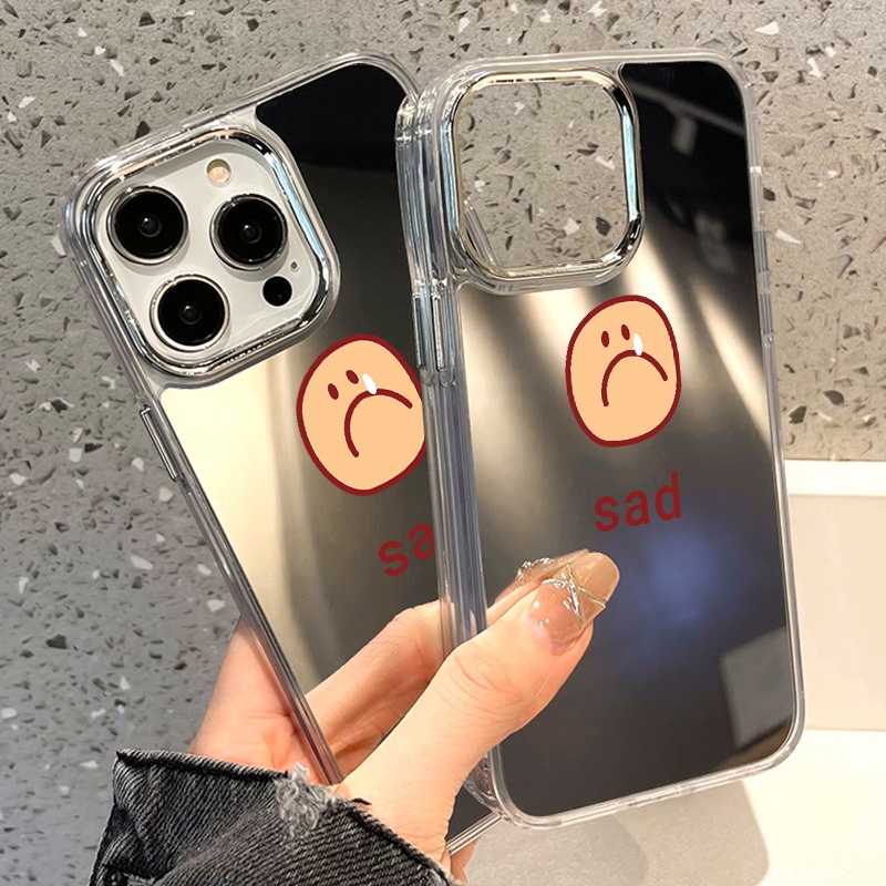 IPHONE Sad Emoji Mirror Phone Case Kompatibel Untuk Iphone11 12 13 14 12Pro 13Pro 14Pro Pro Max XR X XS Max Electroplating Tombol Perlindungan Mirror Cover