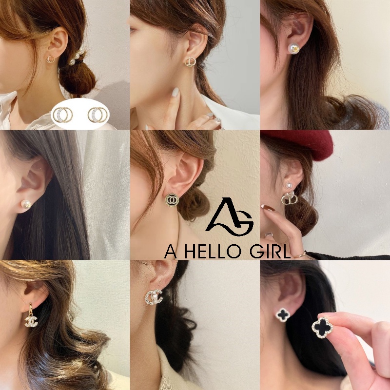 Ahellogirl Bunga Mutiara Zirkon Anting Perempuan Vintage Perancis Ganda C Perak Disepuh Earrings