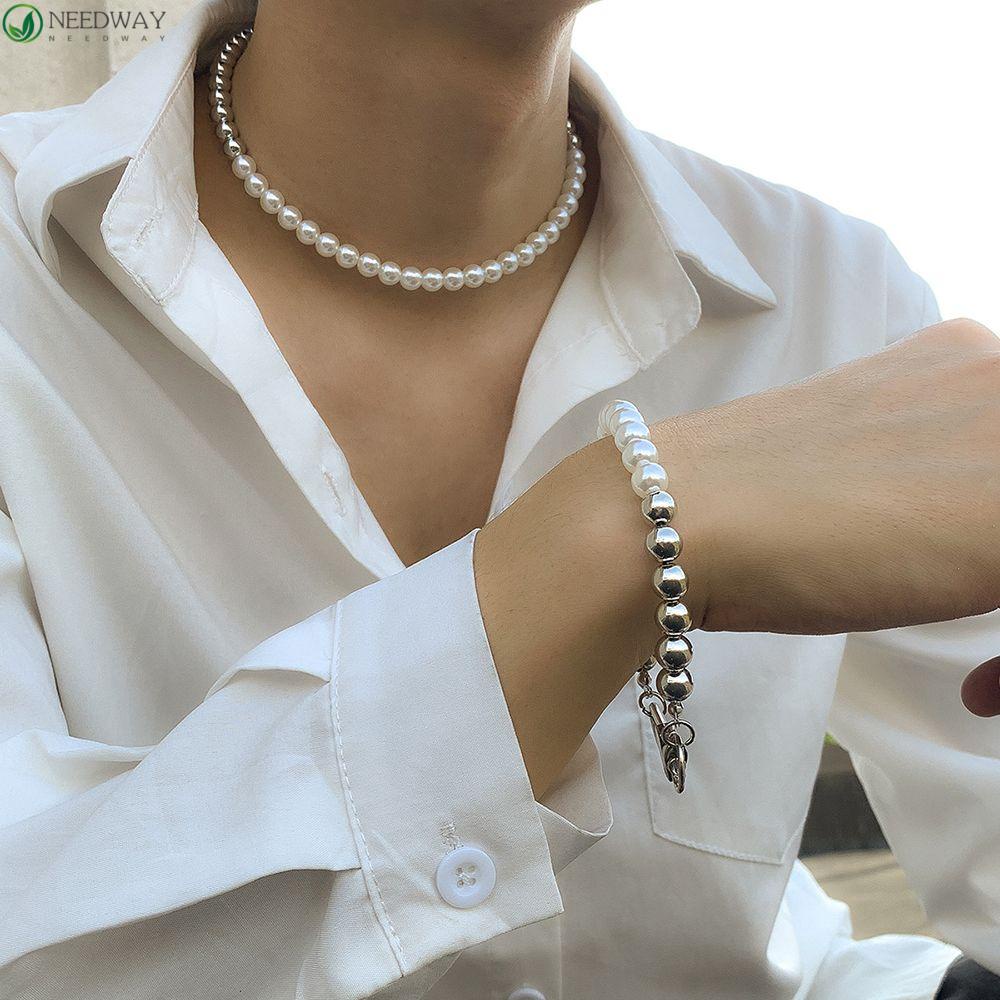 NEEDWAY Needway Kalung Gelang set 2pcs /set Kepribadian Hip Hop Manik Mutiara Imitasi Perempuan Laki-Laki Gadis Pria Rantai Klavikula