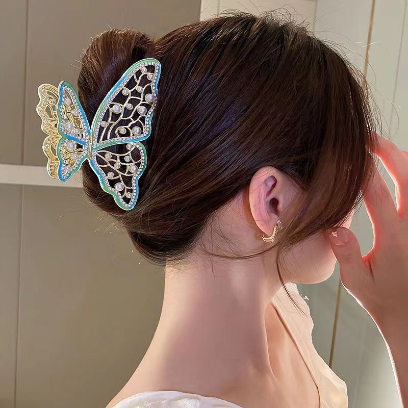 Jedai Logam 9.5cm Kupu Kupu Jepit Rambut Alloy Jumbo dengan Aksen Mutiara Permata Jepit Rambut Salon Diamond Pearl Bahan Besi Metal Motif Butterfly