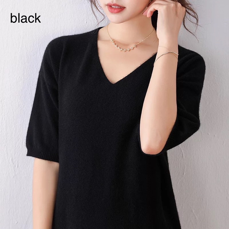 (D201) Short sleeve v neck knit dress midi rajut wanita
