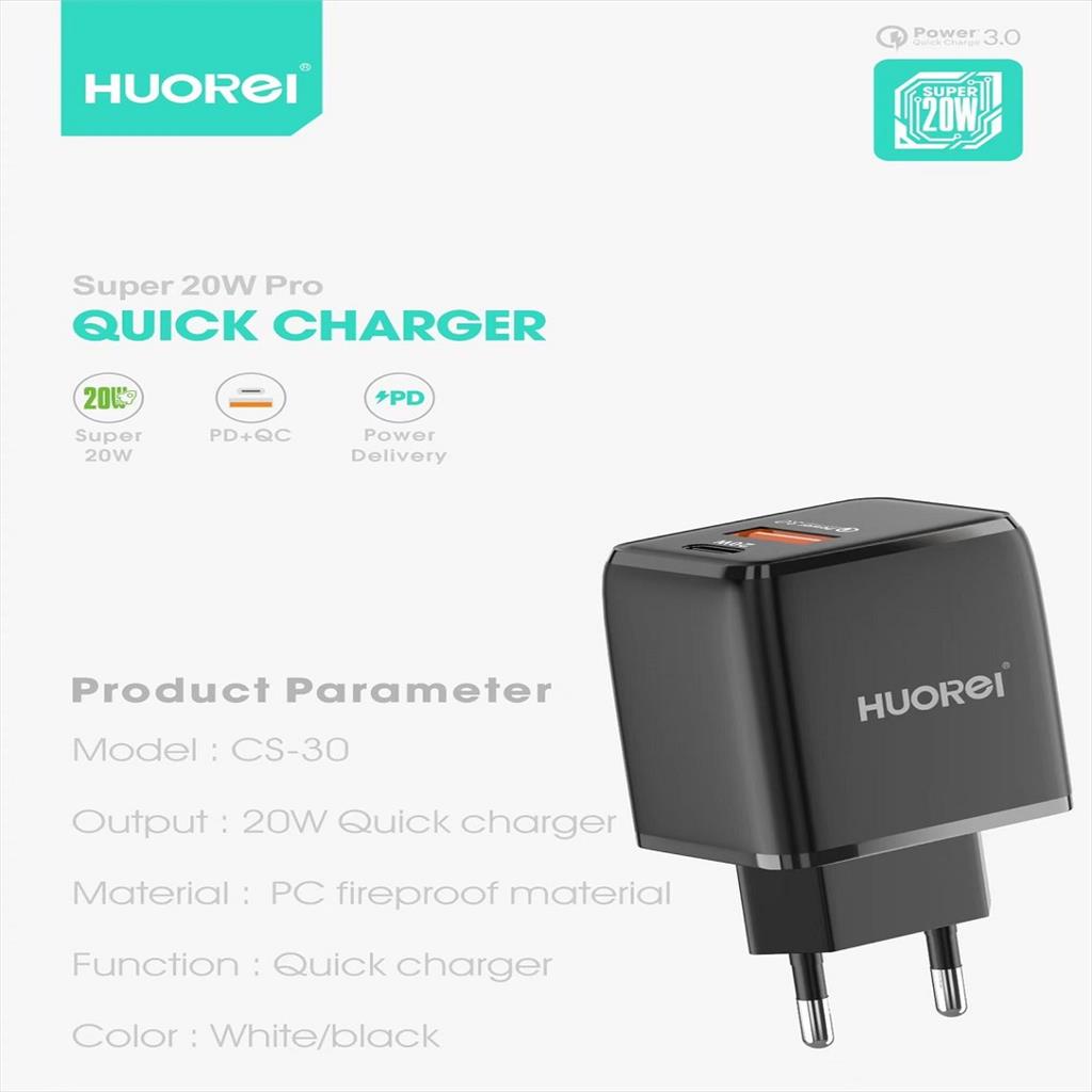 HUOREI CS30 Super Quick Charge Output PD 20w + QC 3.0 Free Kabel Micro