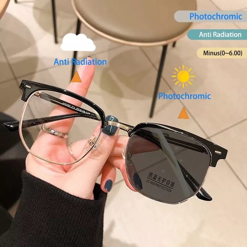 HZ Kacamata Photocromic Korea Anti Radiasi Blue Ray 2 In 1 Photochromic Gaya Korea Bentuk Bulat Bahan Metal untuk Pria dan Wanita