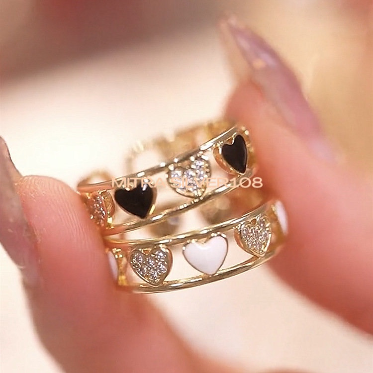 Cincin Kristal Bentuk Hati Love Fashion Korea Model Terbuka Adjustable Dapat Disesuaikan Warna Hitam Putih Minimalis Untuk Wanita CC 05