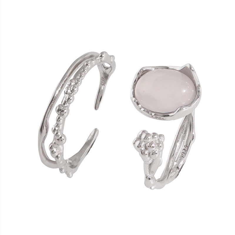 Ifyou 2pcs /Set Cincin Set Moonstone Elegan Perak Cincin Terbuka Untuk Aksesoris Perhiasan Wanita
