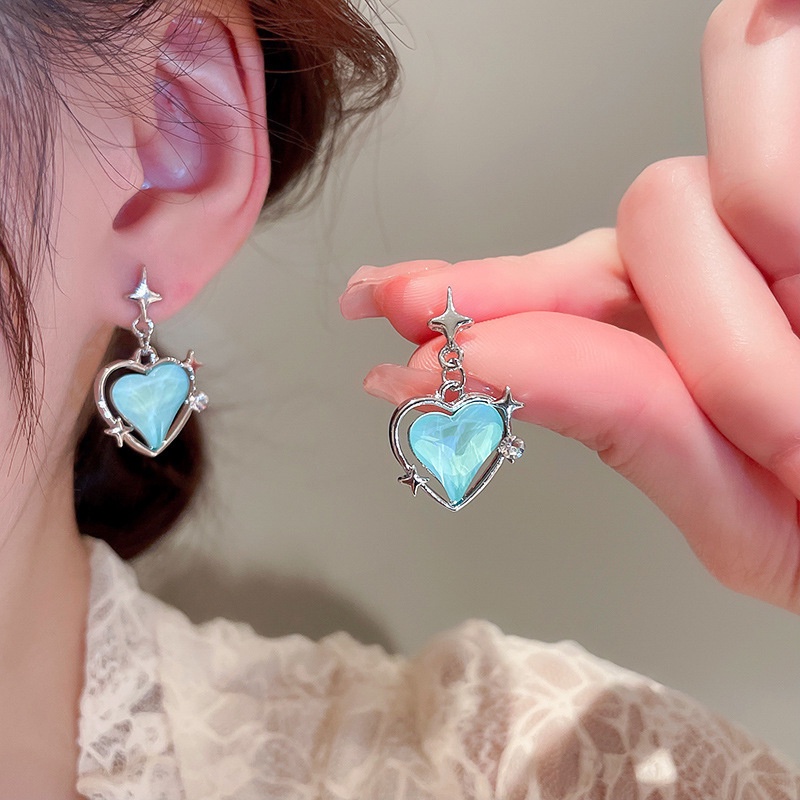 Gadis korea desain Niche jahitan bintang anting biru bentuk hati / kepribadian manis gaya keren tingkat tinggi rasa anting liontin / perhiasan telinga Fashion