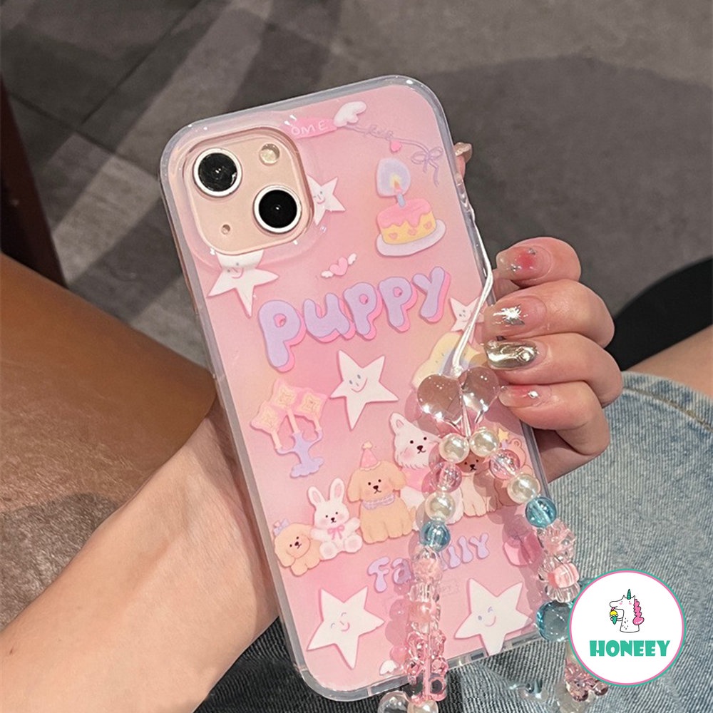 Korea Lovely Pink Puppy Dog Phone Case Compatible for iPhone 14 Pro 13 12 Pro Max Casing iPhone 11 Colorful Bracelet Acrylic Shockproof Back Cover