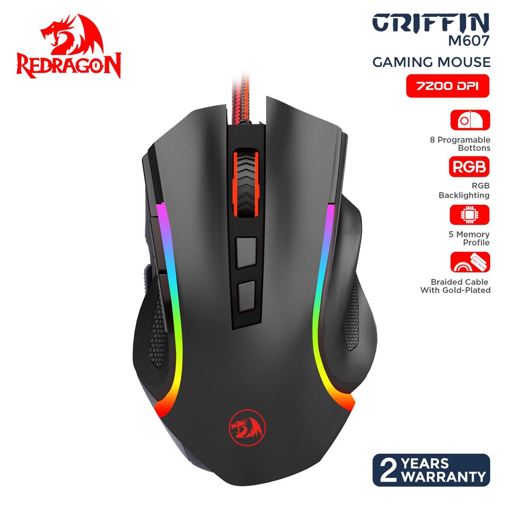 Redragon M607 Griffin Mouse Gaming RGB Hitam 8 Tombol 7200 DPI