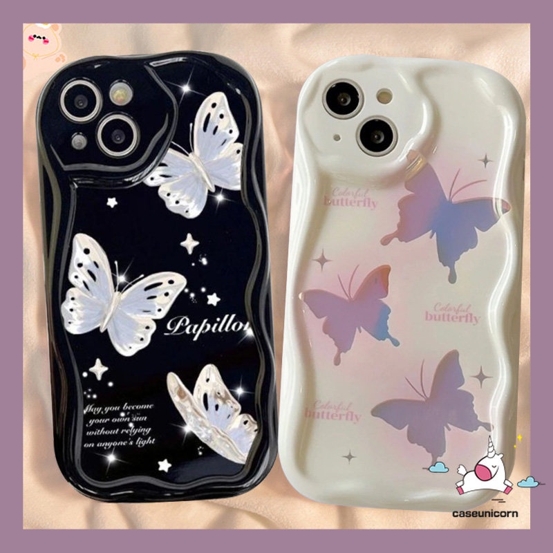 Korean Style Glitter Butterfly Couple Case Compatible For iPhone XR X 7 8 6 6s Plus 13 11 12 14 Pro Max 7Plus XS Max SE 2020 Fantasy Butterfly Cartoon Soft 3D Wavy Curved Edge Case