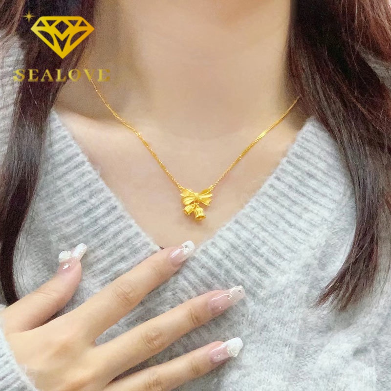 Kalung Titanium Bunga Pita Cantik Aesthetic Korea Emas 18K Anti Karat Aksesoris Wanita Perhiasan Fashion