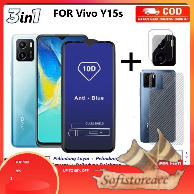 Promo Paket 3in1 Tempered Glass Anti Blue Light Vivo Y15s 2021 2022 Y01 Full Cover Anti Radiasi Caha