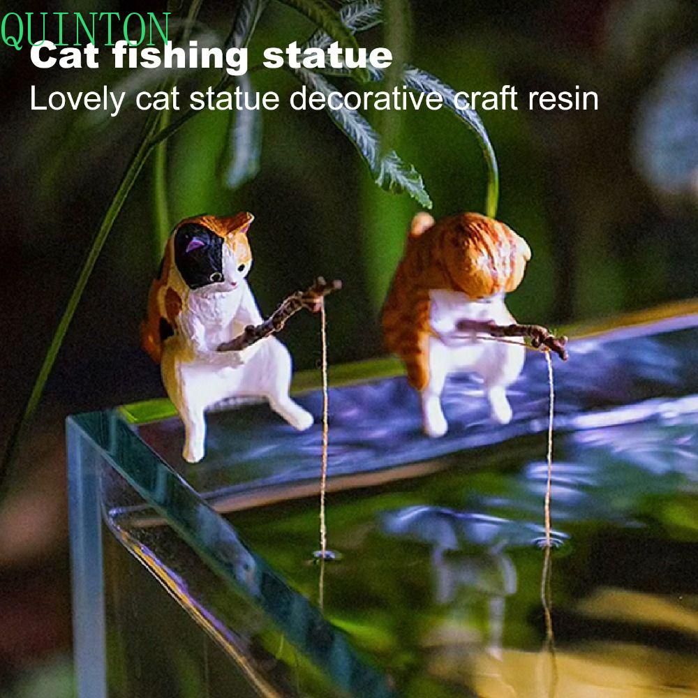 QUINTON Patung Kucing Kucing Lucu Cat Mancing Mikro Lanskap Tanaman Pot Kerajinan Tangan Craft Aquarium Tanks Decor Mudah Digunakan Ornamen Tangki Ikan