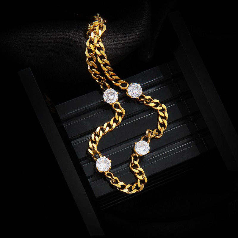 Gelang titanium Emas 18K Kristal Artifisial Wanita simple Gaya Rantai Kuba Tidak Luntur