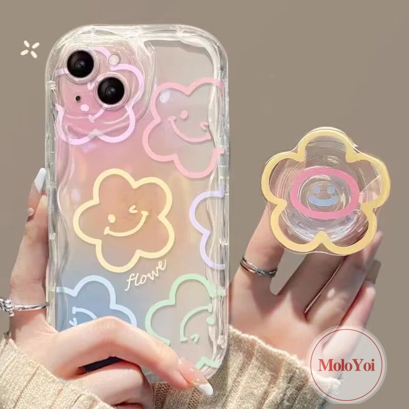 Cartoon Smiley Fresh Flowers Holder Bracket Case Compatible for IPhone 7 6 8 6s Plus XR X XS Max 11 14 13 12 Pro Max SE 2020 3D Wavy Curved Edge INS Korean Colorful Graffiti Cover