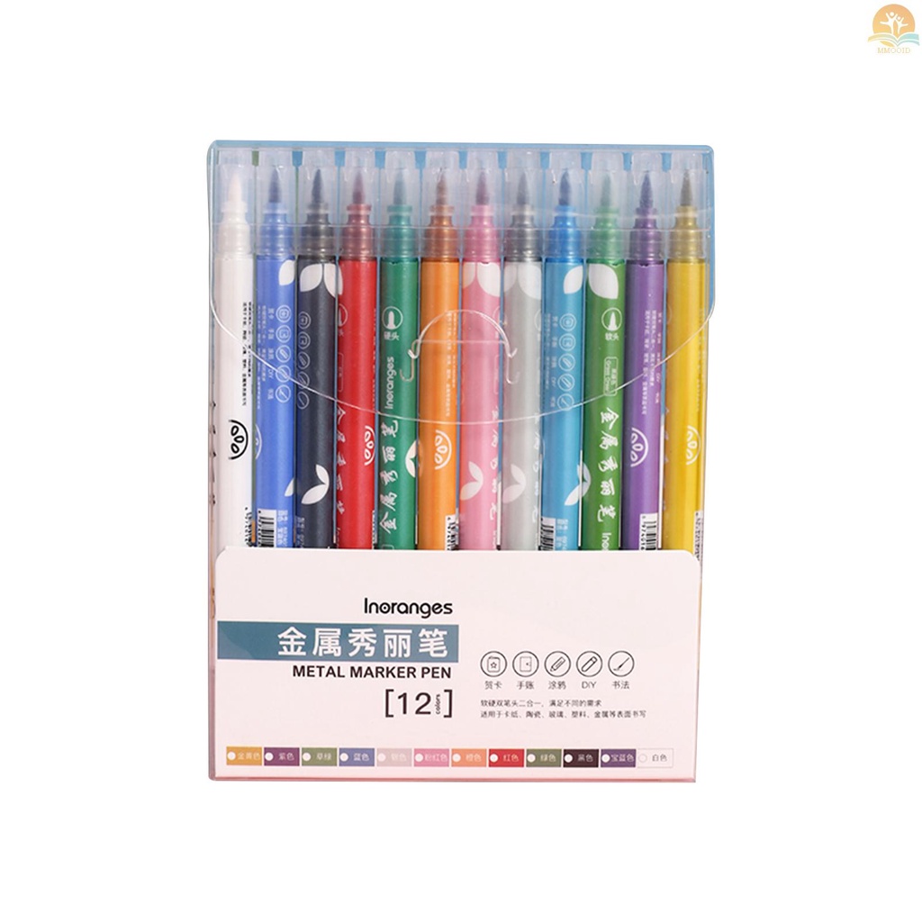 In Stock 12warna Spidol Metalik 1-2mm Brush Pen Spidol Untuk Mewarnai Tip Halus Warna Cerah Cepat Kering Tidak Beracun Untuk Artis Anak Dewasa Buku Pewarna Foto Scrapbooking Sto