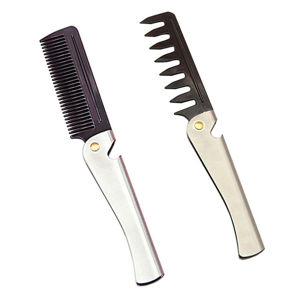 MXBEAUTY Sisir Pria Gigi Lebar, Sisir Kepala Minyak Profesional, Alat Styling Rambut Lipat Gagang Stainless Steel Sisir Rambut Penata Rambut Portabel Untuk Barber