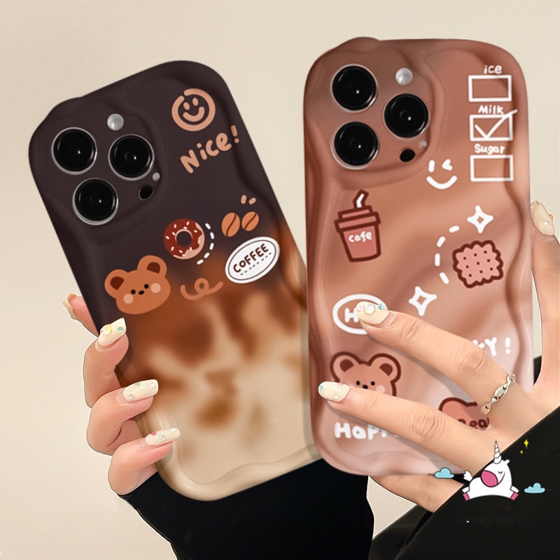 Case Kopi Gradiasi Beruang Kecil Yang Lucu Untuk Infinix Hot12 10 8 30 11 20 9 Play Hot 10Lite 30i 9 8 Smart 6Plus 7 6 5 Note 12 4G 12 G96 Soft 3D Wavy Curved Edge Smiley Biscuit Cover