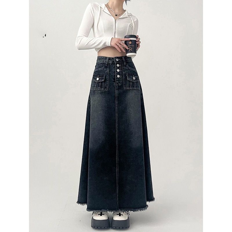 Women's denim skirt/retro denim long skirt/large size/A-line women's denim skirt/modern denim skirt