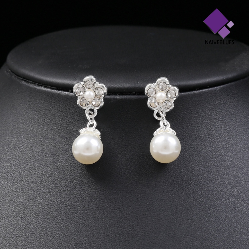 Naiveblue &gt; 1set Wanita Kalung Glossy Mutiara Imitasi Berlian Imitasi Bunga Pengantin Stud Earrings