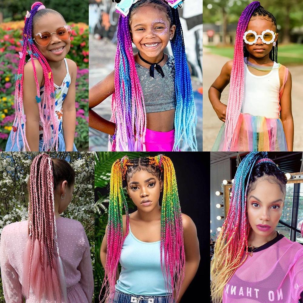 TOP Ponytail Kepang Untuk Anak Perempuan 60cm Warna Gradasi Head Wear Rainbow Hair Twist Kepang Rambut Sintetis