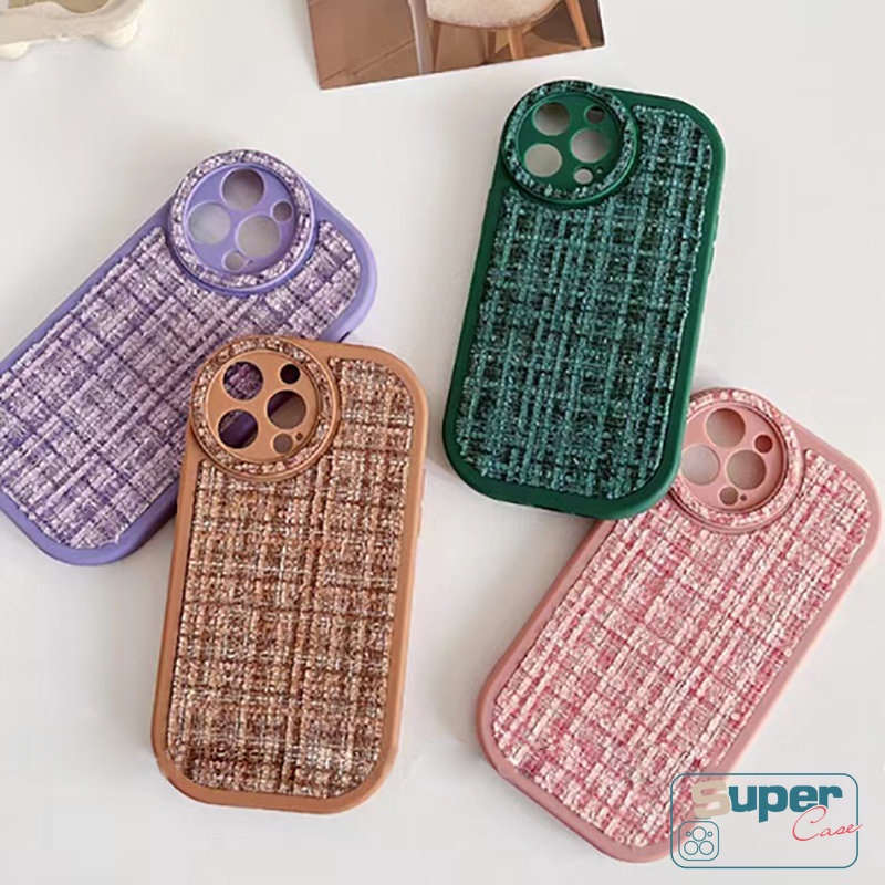 Casing Ponsel Sederhana Kompatibel Untuk iPhone Xr13 11 14 12 Pro Max7 14 8 Plus X XS Max SE 2020 Nuansa Kulit Tekstur Tenun Warna Macaron Shockproof Pelindung Lensa Bulat Soft Tpu Cover