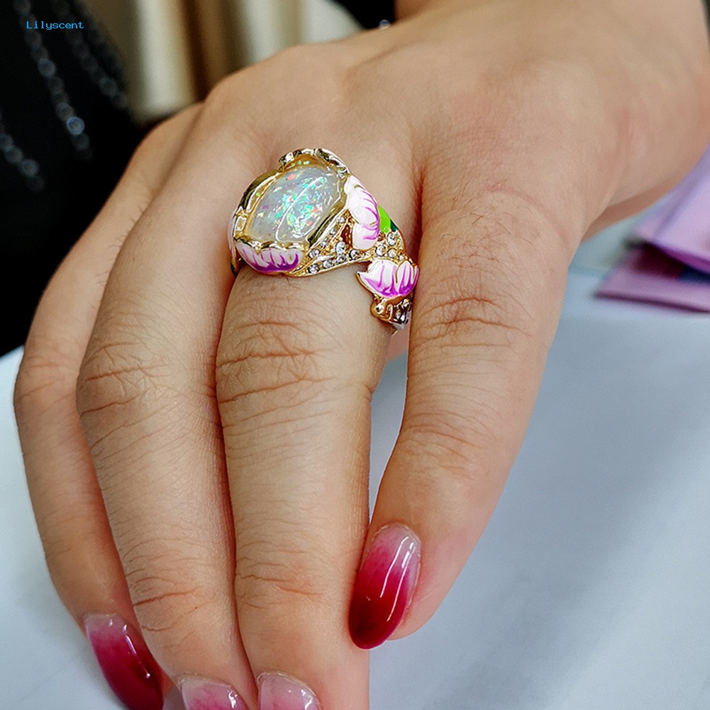 Lilyscent Elegan Wanita Berlian Imitasi Imitasi Opal Hias Lotus Floral Cincin Pesta Perhiasan Hadiah