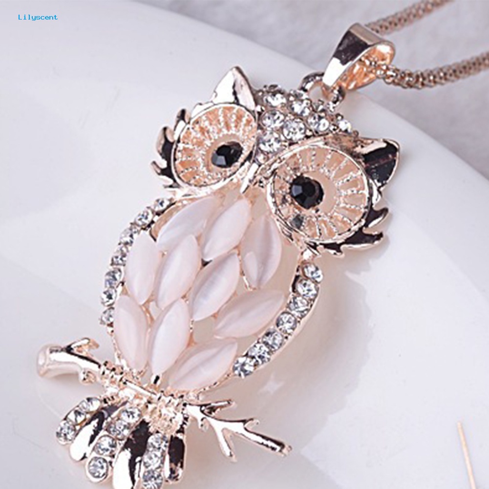 Lilyscent Elegan Wanita Berlian Imitasi Imitasi Opal Inlay Owl Pendant Kalung Pesta Perhiasan