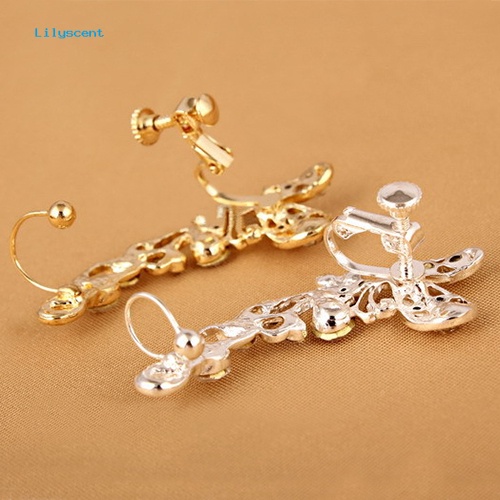 Lilyscent Retro Kristal Imitasi Kupu-Kupu Bunga Telinga Cuff Stud Earring Clip on Untuk Telinga Kanan